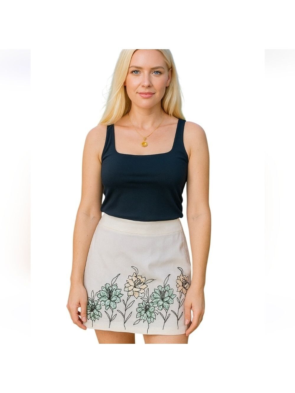 Karen Kane White Cotton Floral Embroidered Skirt Large